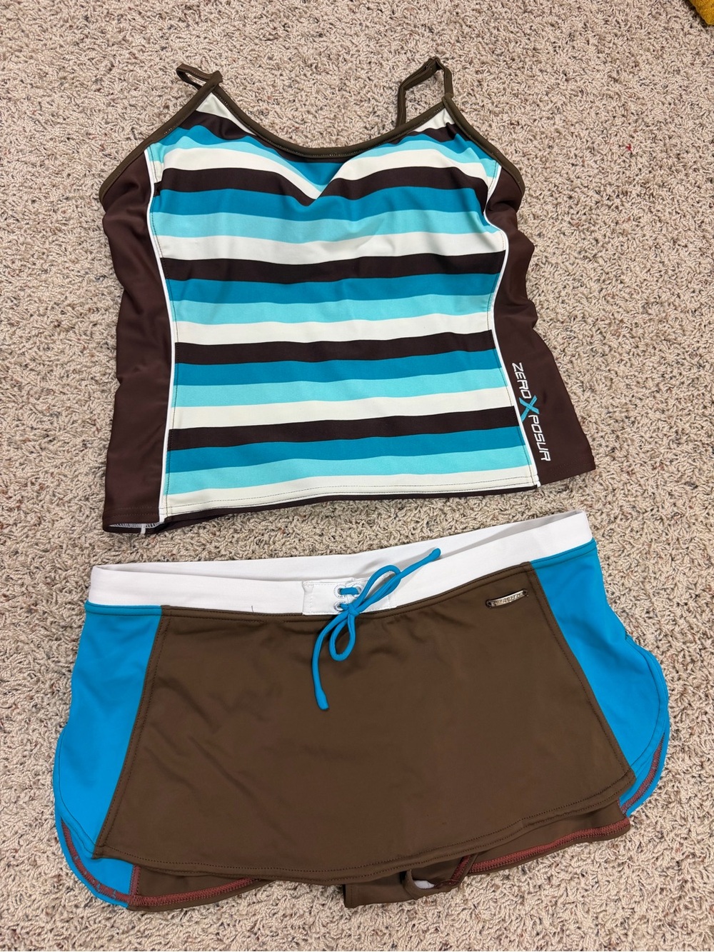 ZeroXposur Blue, Aqua & Brown Striped Tankini with Skort